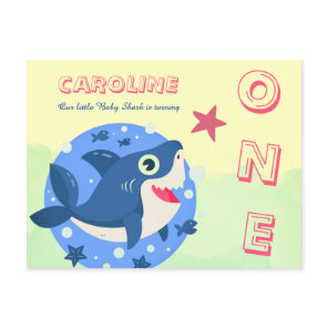 First birthday cute baby shark ocean yellow green invitation postcard