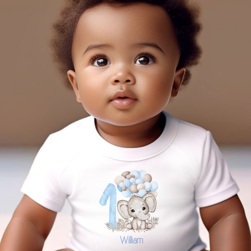 First Birthday Cute Blue Elephant Boy Name Baby T_Shirt