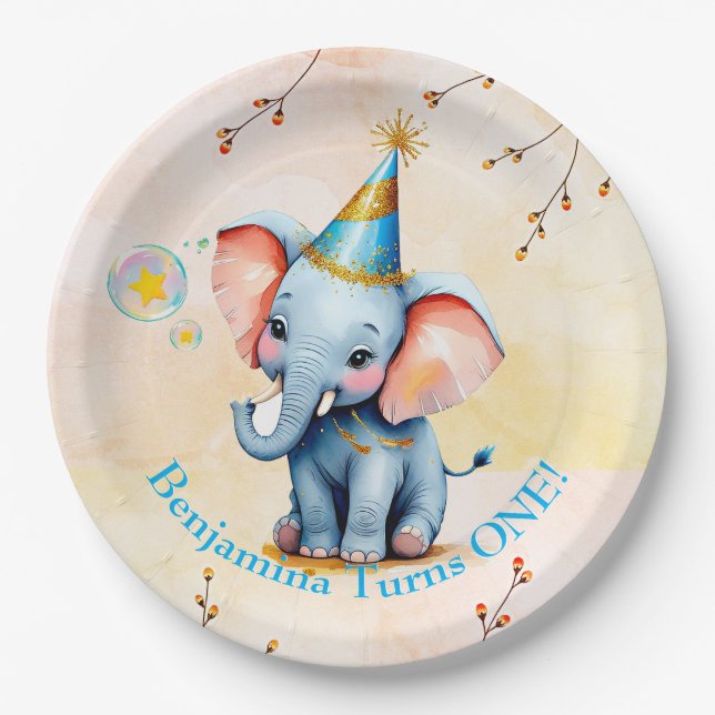 First Birthday Cute Blue Elephant Golden Floral Paper Plates (Front)