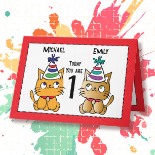 First Birthday Cute Cat Cartoon Twin Personalized Card