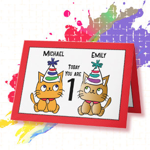 First Birthday Cute Cat Cartoon Twin Personalized Card