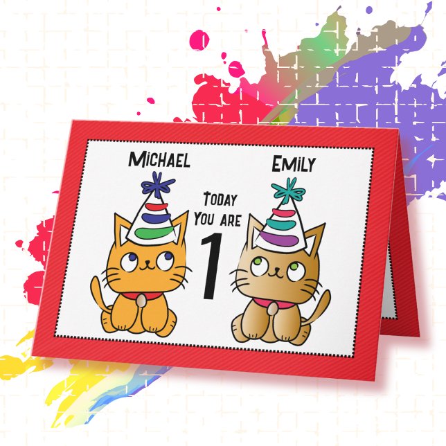 First Birthday Cute Cat Cartoon Twin Personalized  Card (Creator Uploaded)