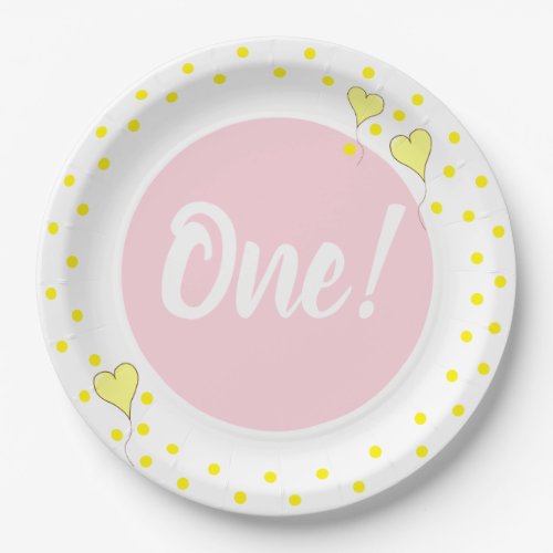 First Birthday Cute Confetti and Heart Balloons Paper Plates
