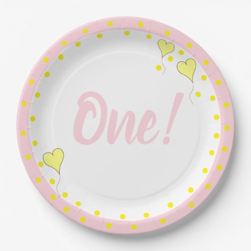 First Birthday Cute Confetti and Heart Balloons Paper Plates