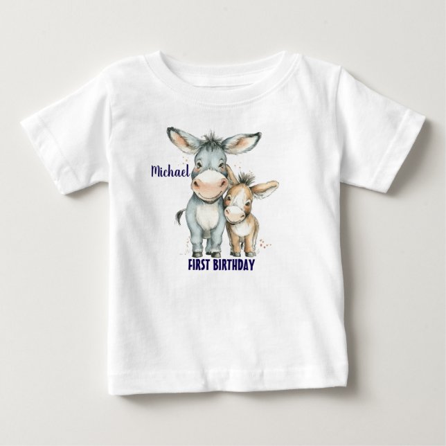 First Birthday Cute Donkeys Personalize Baby T-Shirt (Front)