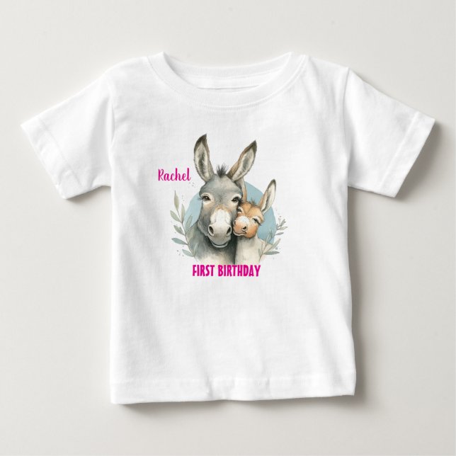 First Birthday Cute Donkeys Personalize Baby T-Shirt (Front)