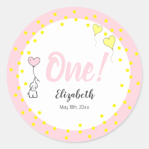 First Birthday Cute Elephant and Heart Balloons Classic Round Sticker