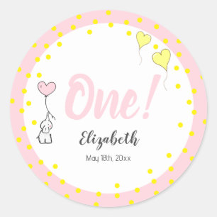 First Birthday Cute Elephant and Heart Balloons Classic Round Sticker