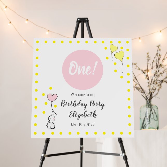 First Birthday Cute Elephant and Heart Balloons Foam Board (In Situ (Stand))