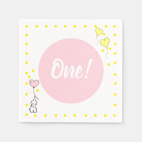 First Birthday Cute Elephant and Heart Balloons Napkins