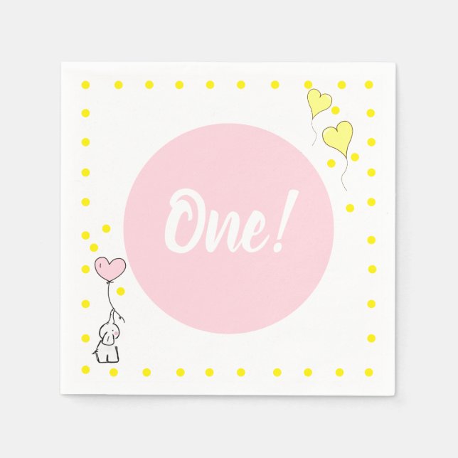First Birthday Cute Elephant and Heart Balloons Napkins (Front)