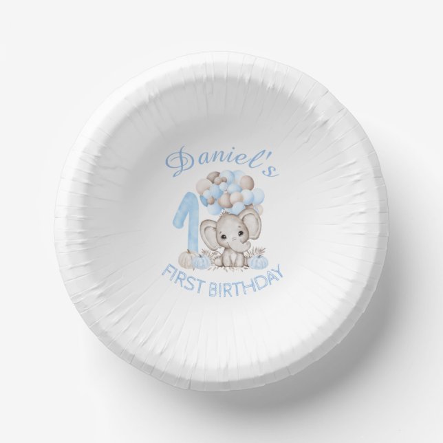First Birthday Cute Elephant Fall Boy Paper Bowls (Front)