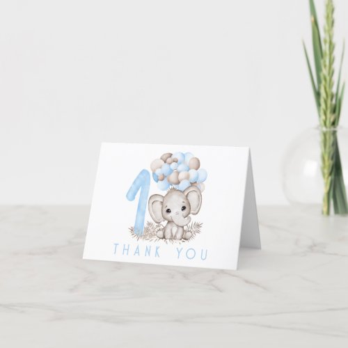 First Birthday Cute Elephant In Blue Thank You Card