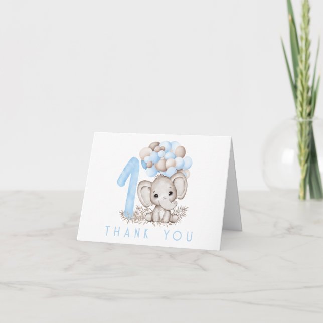 First Birthday Cute Elephant In Blue Thank You Card (Front)