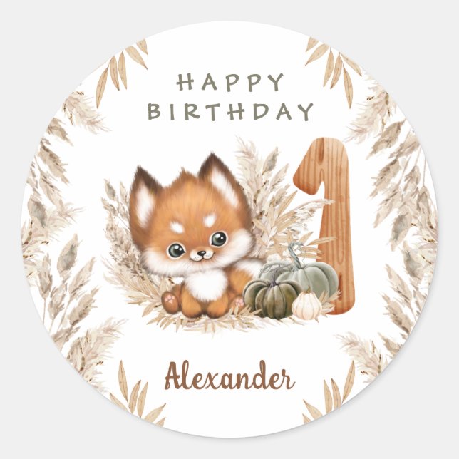 First Birthday Cute Fox Fall Name Stickers (Front)