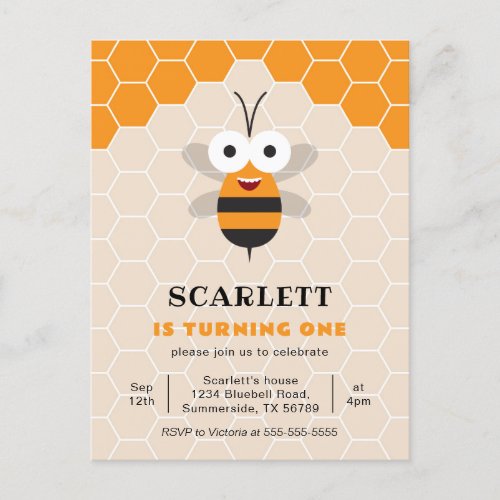 First Birthday Cute Honey Bee Honeycomb Invitation Postcard