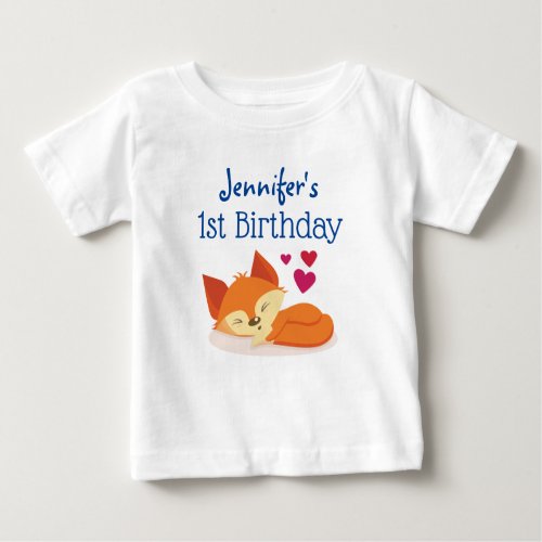 First Birthday Cute Orange Fox with Hearts Baby T_Shirt