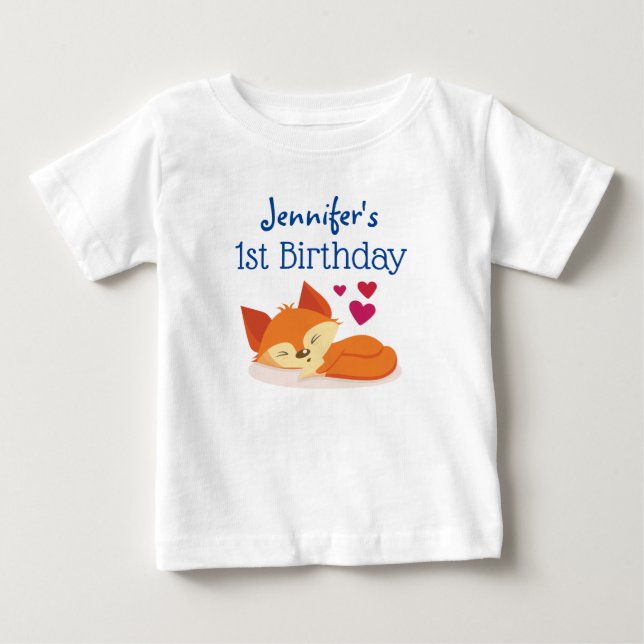 First Birthday Cute Orange Fox with Hearts Baby T-Shirt (Front)