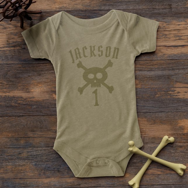 First Birthday Cute Pirate Boy Baby Bodysuit (Ahoy there! Just add yer little pirate's name and age to this cute baby bodysuit)