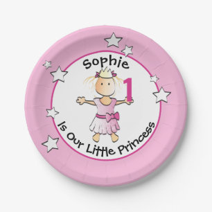 First Birthday Cute Princess Cartoon Pink Party Paper Plates