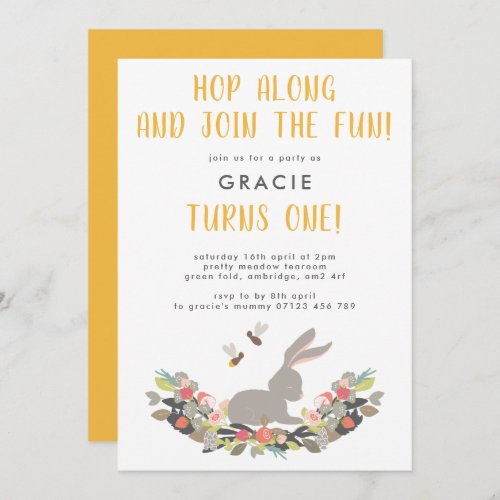 First Birthday Cute Spring Rabbit Birthday Party Invitation