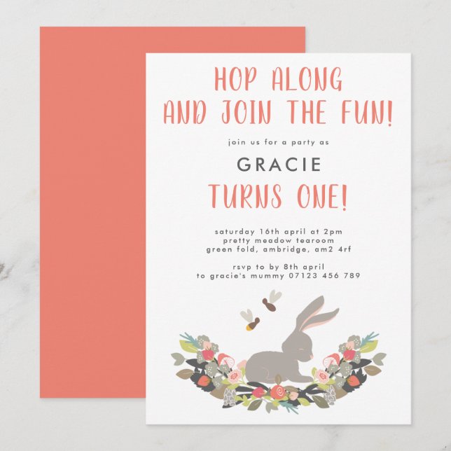 First Birthday Cute Spring Rabbit Birthday Party Invitation (Front/Back)