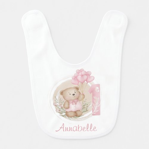 First Birthday Cute Teddy Bear  Heart Balloons Baby Bib