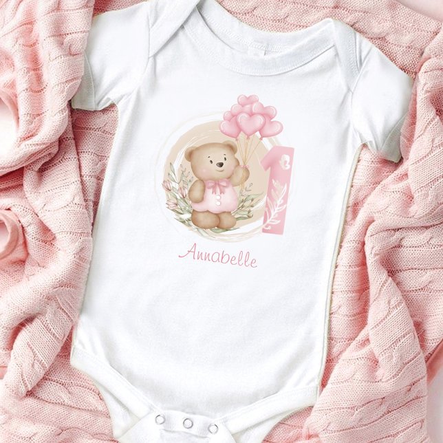 First Birthday Cute Teddy Bear & Heart Balloons Baby Bodysuit (First Birthday Cute Teddy Bear & Heart Balloons Baby Bodysuit)