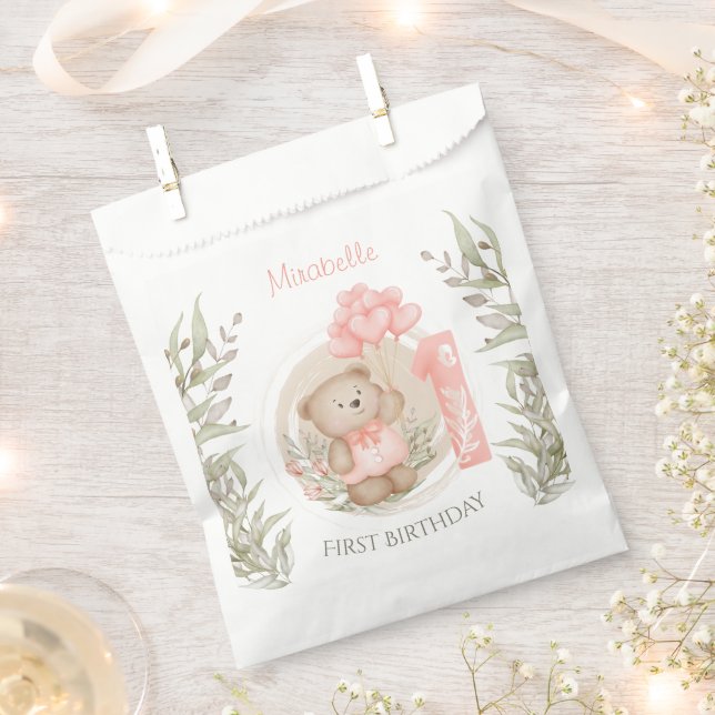 First Birthday Cute Teddy Bear Heart Balloons Favor Bag (Clipped)