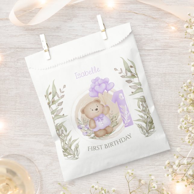 First Birthday Cute Teddy Bear Heart Balloons Favor Bag (Clipped)