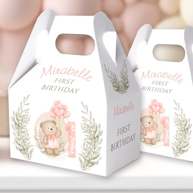 First Birthday Cute Teddy Bear Heart Balloons Favor Boxes (First Birthday Cute Teddy Bear Heart Balloons Favor Boxes)