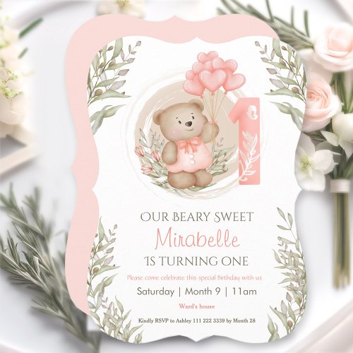 First Birthday Cute Teddy Bear Heart Balloons Invitation