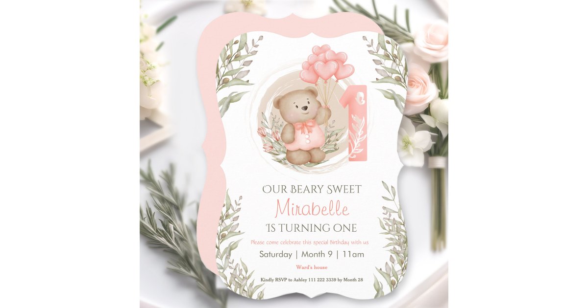 First Birthday Cute Teddy Bear Heart Balloons Invitation | Zazzle