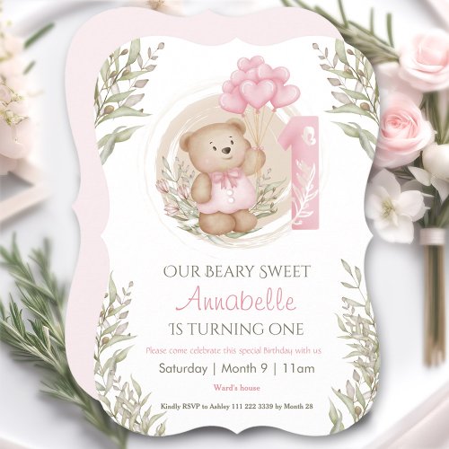 First Birthday Cute Teddy Bear Heart Balloons Invitation