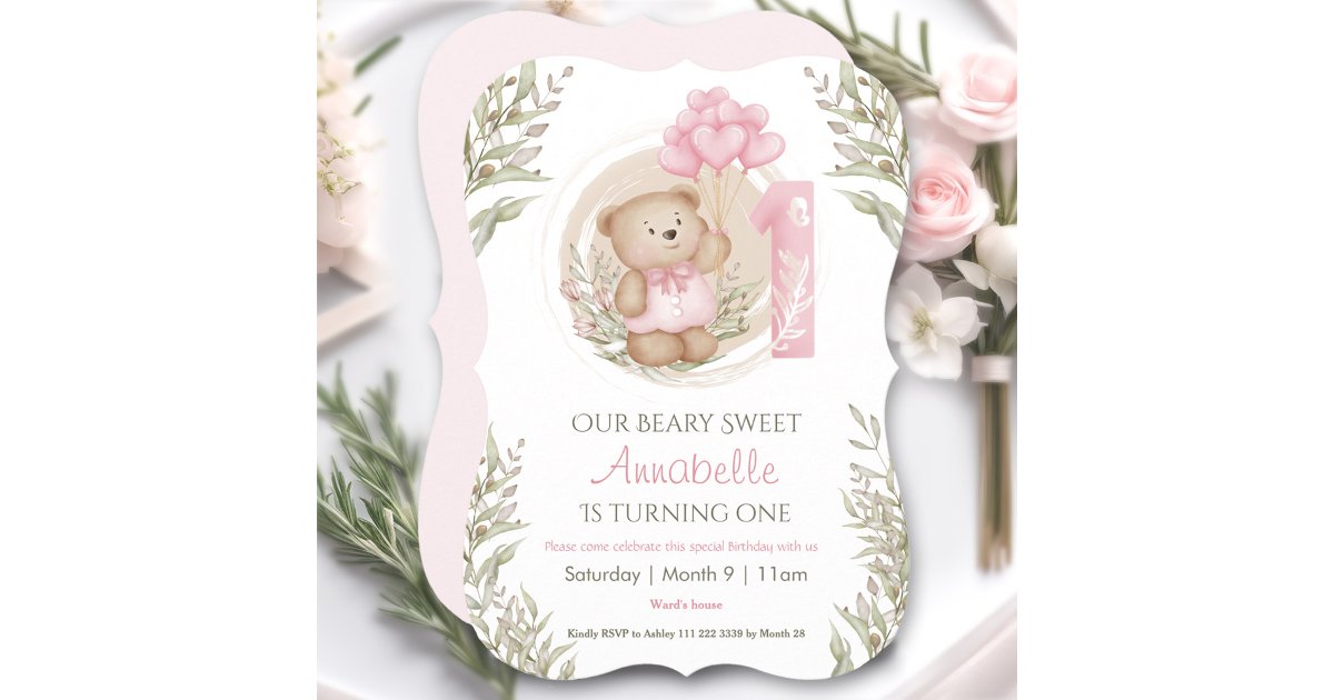 First Birthday Cute Teddy Bear Heart Balloons Invitation | Zazzle