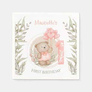 First Birthday Cute Teddy Bear Heart Balloons Napk Napkins