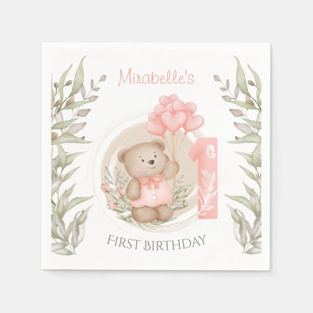 First Birthday Cute Teddy Bear Heart Balloons Napk Napkins (Front)
