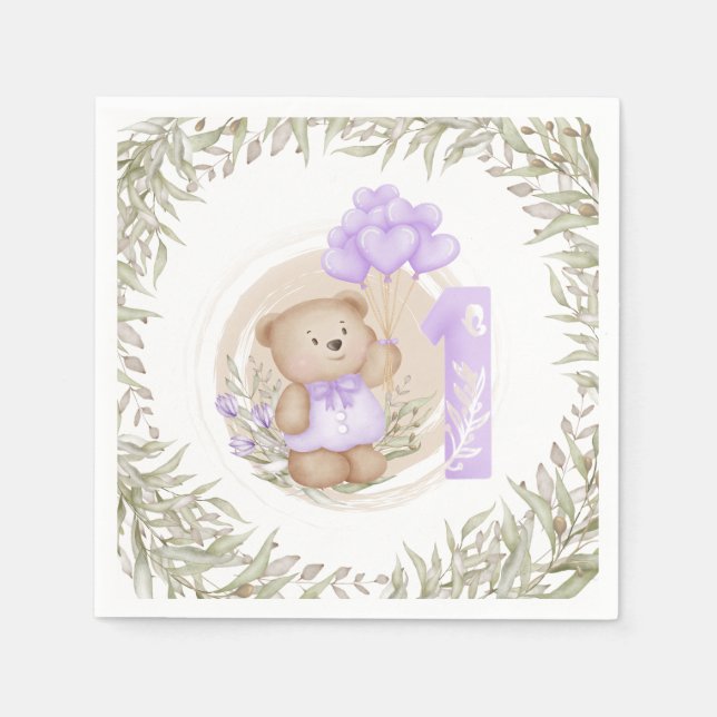 First Birthday Cute Teddy Bear Heart Balloons Napkins (Front)