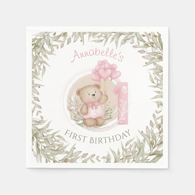 First Birthday Cute Teddy Bear Heart Balloons Napkins (Front)