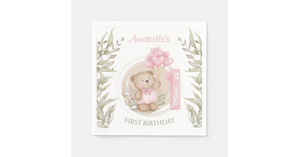 First Birthday Cute Teddy Bear Heart Balloons Napkins | Zazzle