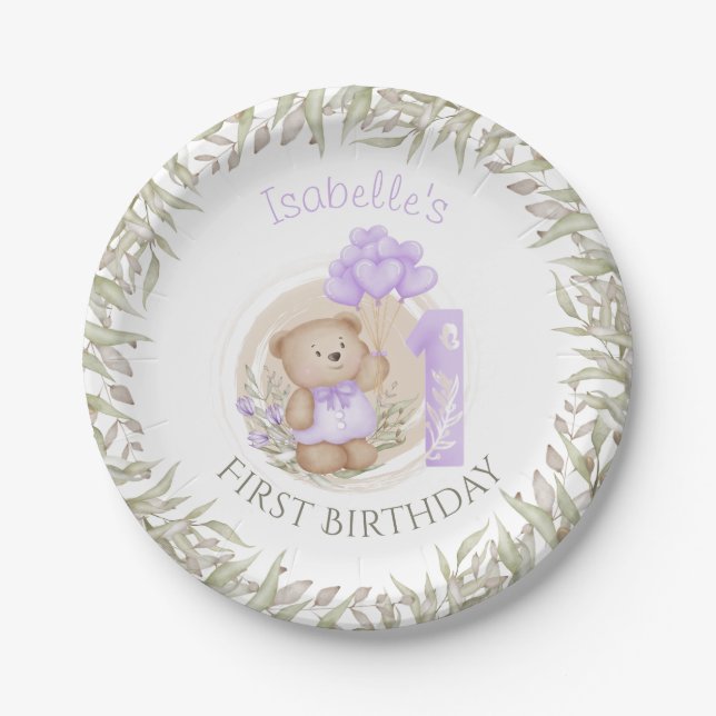 First Birthday Cute Teddy Bear Heart Balloons Paper Plates (Front)