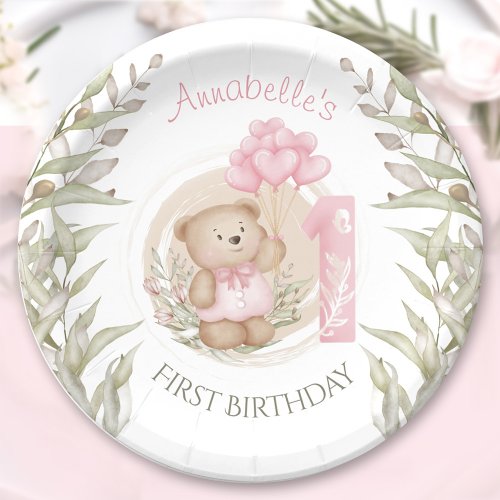 First Birthday Cute Teddy Bear Heart Balloons Paper Plates