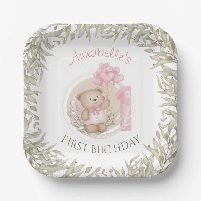 First Birthday Cute Teddy Bear Heart Balloons Paper Plates (Front)