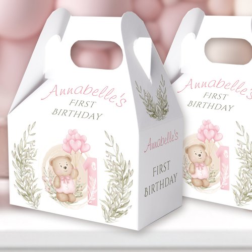 First Birthday Cute Teddy Bear Heart Balloons Pink Favor Boxes