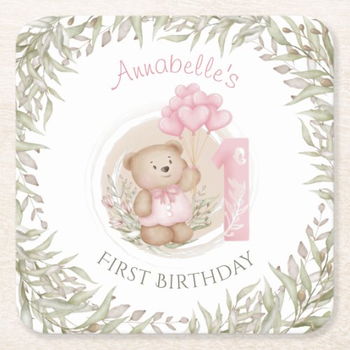 First Birthday Cute Teddy Bear Heart Balloons Square Paper Coaster