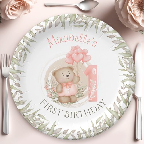 First Birthday Cute Teddy Bear Peach Paper Plates