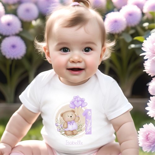 First Birthday Cute Teddy Bear Purple Balloons Baby Bodysuit