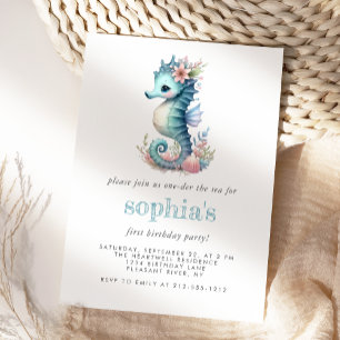First Birthday Cute Watercolor Girl Seahorse Invitation