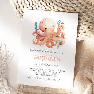 First Birthday Cute Watercolor Orange Octopus Invitation