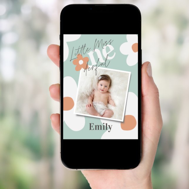 First birthday daisy boho photo turquoise orange invitation (Front Digital)